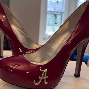 Burgundy Patent High Heel Pumps with Silver 'A' Accent